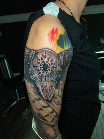 Hand drawn buffalo skull coverup tattoo