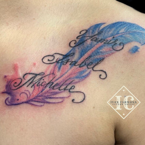 Feather Tattoo In  Watercolors Blue Pink And Purple On The Clavicle With Names Tatuaje Pluma En Acuarelas Azul Rosa Y Morado En La Clavícula Con Nombres