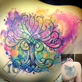 Tree Cover Up Tattoo On The Shoulder With little birds and Watercolors Purple Pink Yellow Green And Blue Tatuaje De Arbol Cubierto En El Hombro Con Pajaritos Acuarelas Morado Rosa Amarillo Verde Y Azul