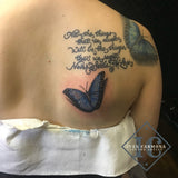 Blue Butterfly Tattoo And Calligraphy On The Shoulder