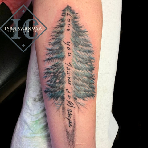 Commemorative Tattoo With Handwriting And A Tree On The Forearm Tatuaje Conmemorativo Con Un Mensaje Escrito A Mano Y Un Árbol En El Antebrazo<br>