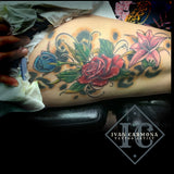 Floral Tattoo With  Colorful Cheetah Print On The Leg Tatuaje Floral Con Estampado De Guepardo Colorido En La Pierna<br>