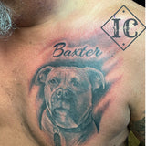 Pet Dog Portraiture Tattoo On The Chest  With Calligraphy Name In Black And Gray