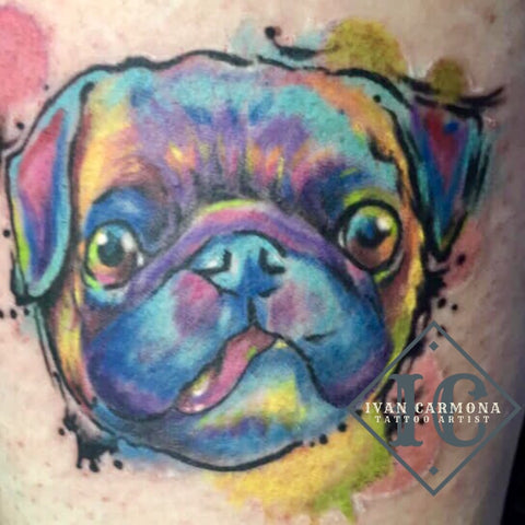 Pet Portraiture Tattoo On The The Ankle With Watercolors Pink Green Blue Yellow And Purple Tatuaje De Retrato De Mascota En El Tobillo Con Acuarelas Rosa Verde Azul Amarillo Y Morado<br>