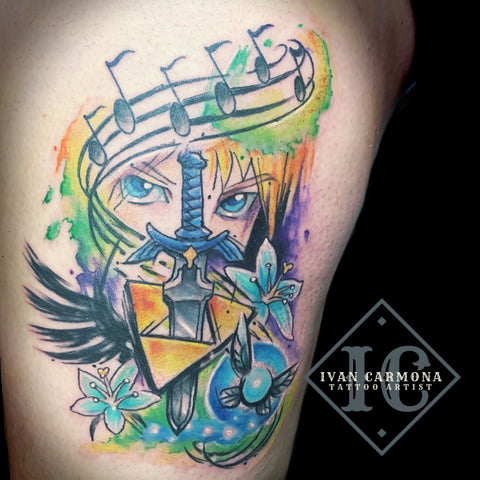 Zelda Nintendo Game Inspired Tattoo In Watercolor On The Thigh Tatuaje Zelda Nintendo Inspirado Acuarelas Con El Caracter Animando Link En El Muslo