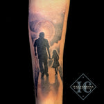 Father Daughter Silhouette Tattoo On The Forearm With Clouds And The Moon In Black And Gray Tatuaje De Silueta De Padre E Hija En El Antebrazo Con Nubes Y La Luna En Negro Y Gris<br>