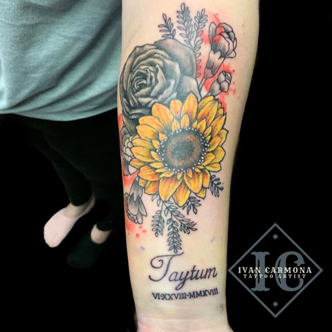 Floral Tattoo Of A Rose Buds And A Sunflower With Black And Gray Shading And Accent Red And Yellow On The Forearm Tatuaje Floral De Capullos De Rosa Y Girasol Con Sombreado Negro Y Gris Y Acento Rojo Y Amarillo En El Antebrazo<br>