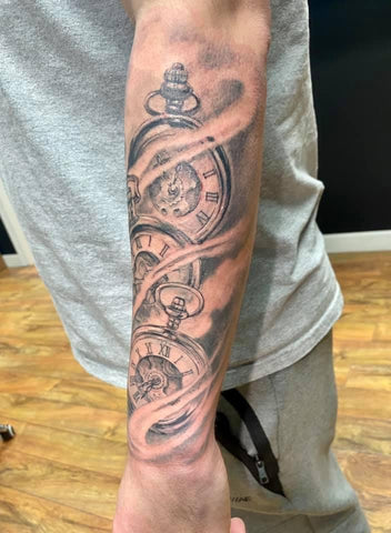 Clock Tattoo Half Sleeve on Forearm Reloj Media Manga en el Antebrazo