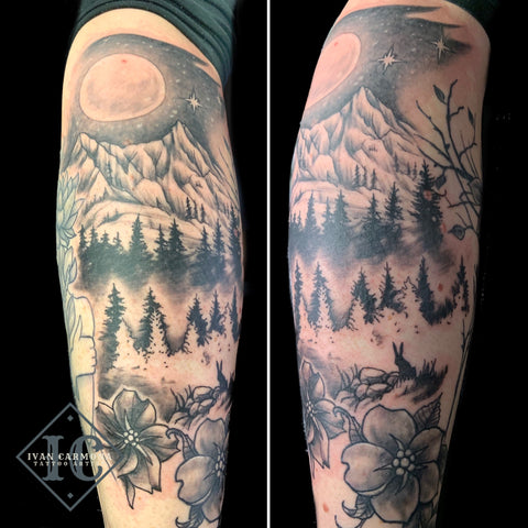 Landscape Tattoo Mother Nature Inspired Leg Filler Relleno De Pierna Inspirado En La Naturaleza Del Tatuaje Del Paisaje<br>