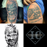 Norse Tattoo On The Arm With A Face Of A Viking, A Moon Sky, And A Wolf In The Trees In Black And  Gray